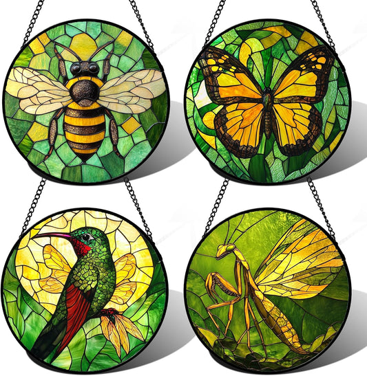 Stained Glass Window Hanging 4 Pcs Set Green Plants Yellow Insect Theme 6.3" - Suncatcher Door