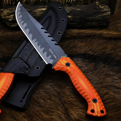 BA-KOR 12.4in Full Tang Fixed Blade Hunting Knife – 6mm 9CR18MoV Steel, G10 Handle, Stonewashed Sawback Blade with Kydex Sheath & Fire Starter for Outdoor, Camping, Survival (Orange with light yellow stripes)