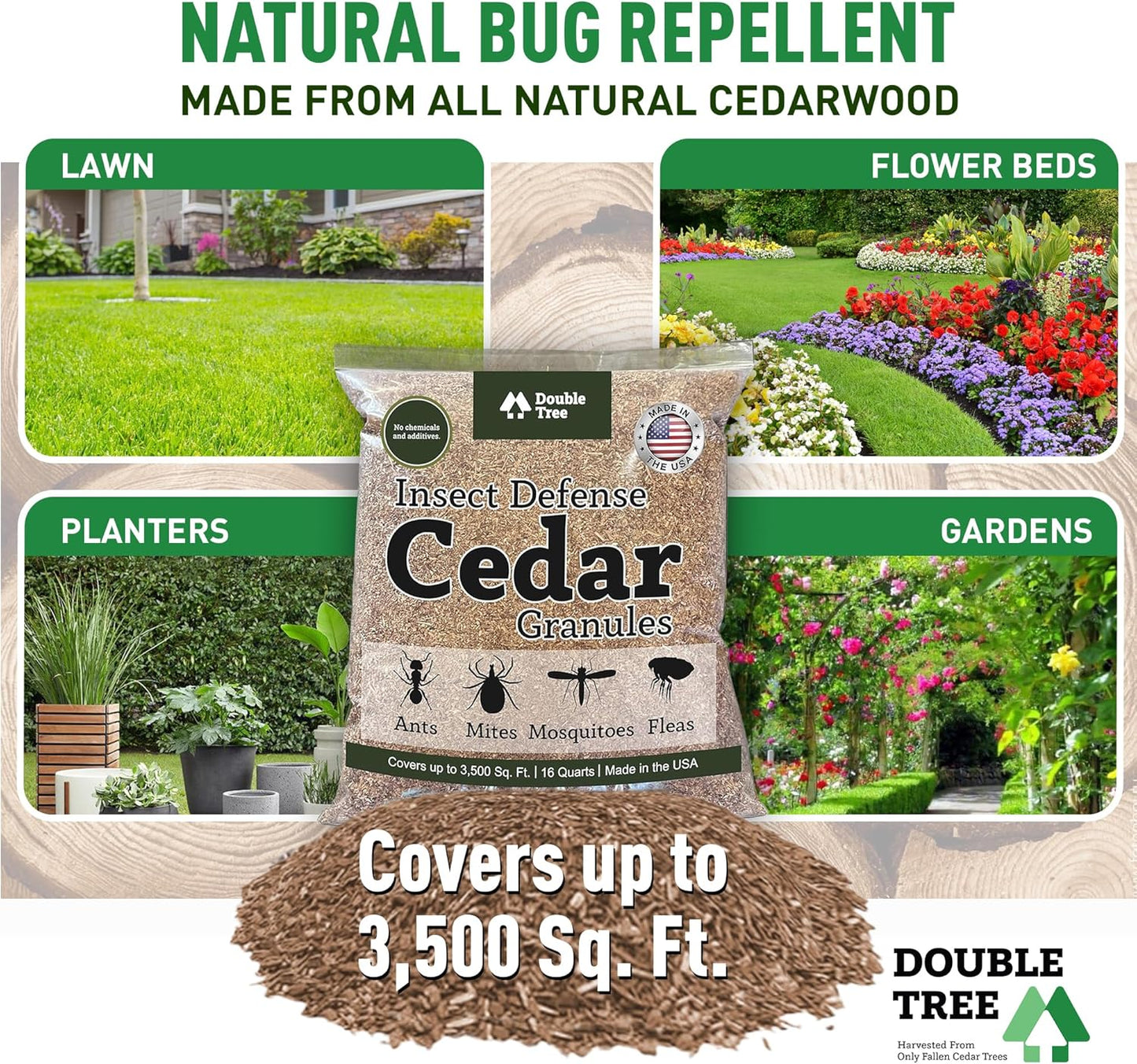 Double Tree Home and Garden Cedar Granules | Repels Fleas, Ticks, Ants, and Mosquitos | Rich Cedar Scent | Non Toxic | Pet Safe | 3 Bags (48 Quarts)