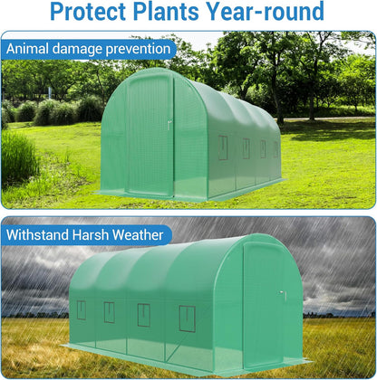15x7x7 ft Walk-in Tunnel Greenhouse for Outdoor Gardening - Heavy Duty Galvanized Steel Hoop House with Green PE Cover, A Swing Door & 8 Vent Windows, Plant Protection & Year-Round Growing