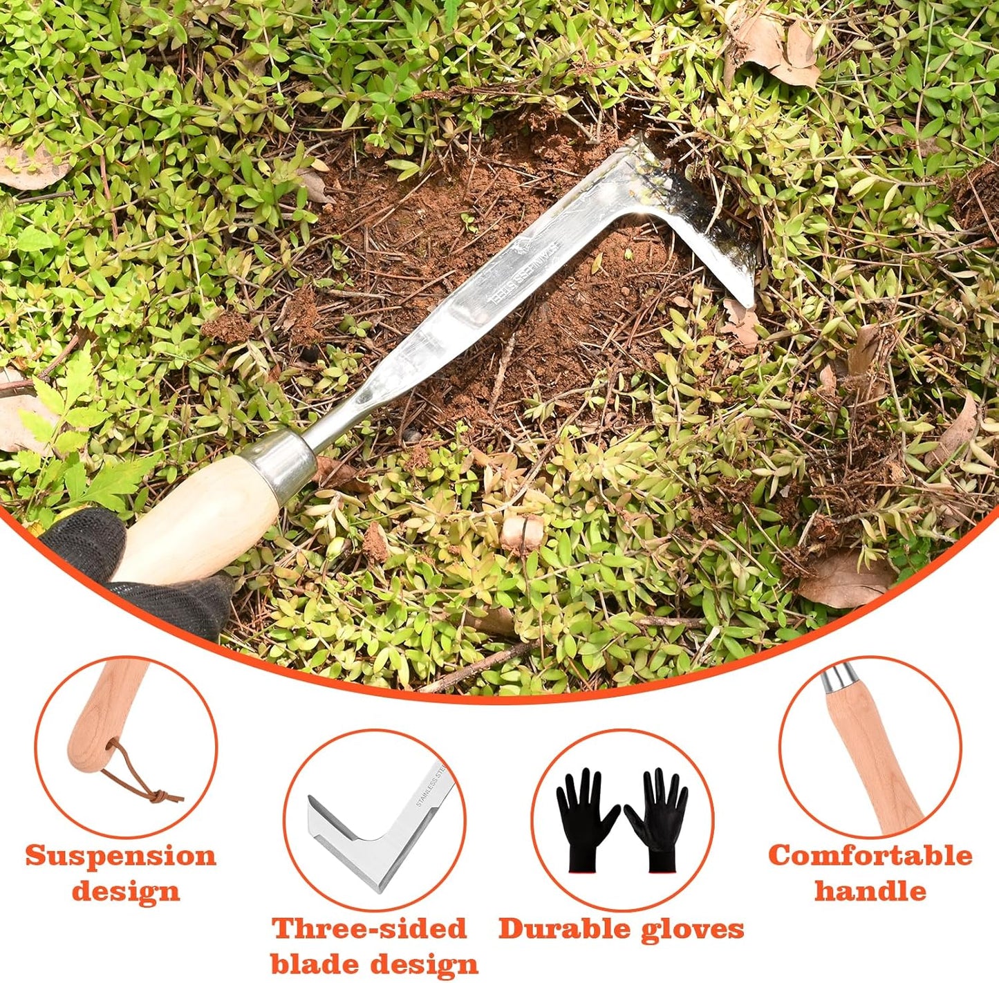 3-Sided Crevice Weeder - 12.6" Stainless Steel Garden Weeding Tool with Beech Handle, L-Shaped Crevice Weeder Sickle for Garden Lawn, Yard Patio Terrace, Paving Gaps