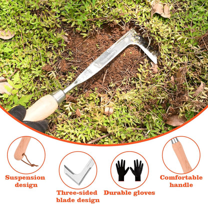 3-Sided Crevice Weeder - 12.6" Stainless Steel Garden Weeding Tool with Beech Handle, L-Shaped Crevice Weeder Sickle for Garden Lawn, Yard Patio Terrace, Paving Gaps