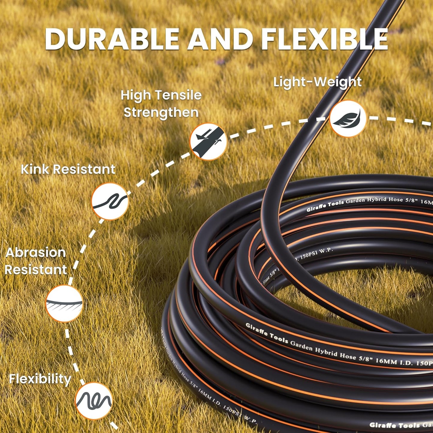 Giraffe Tools Garden Hose 25ft x 5/8", Water Hose Heavy Duty, Flexible, Lightweight Hybrid Hose with Swivel Handle, Male to Female Fittings, Burst 600 PSI