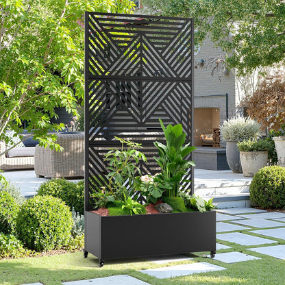 15.7"×70.9"×35.4" Metal Raised Garden Bed with Trellis and Wheels - Tall Trellis Planter Box for Climbing Plants, Vegetables & Vines - Outdoor Privacy Planters for Patio (Black-Zodiac)