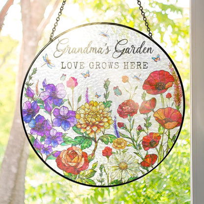 FLAGWIX Grandma Christmas Birthday Gifts - Grandmas Garden Stained Glass Window Hanging with Base 10 in - Birthday Gift for Grandma, Grandparents Day Gifts for Nana Gigi, Sun Catchers Indoor Window