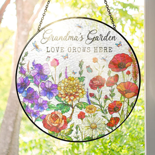 FLAGWIX Grandma Christmas Birthday Gifts - Grandmas Garden Stained Glass Window Hanging with Base