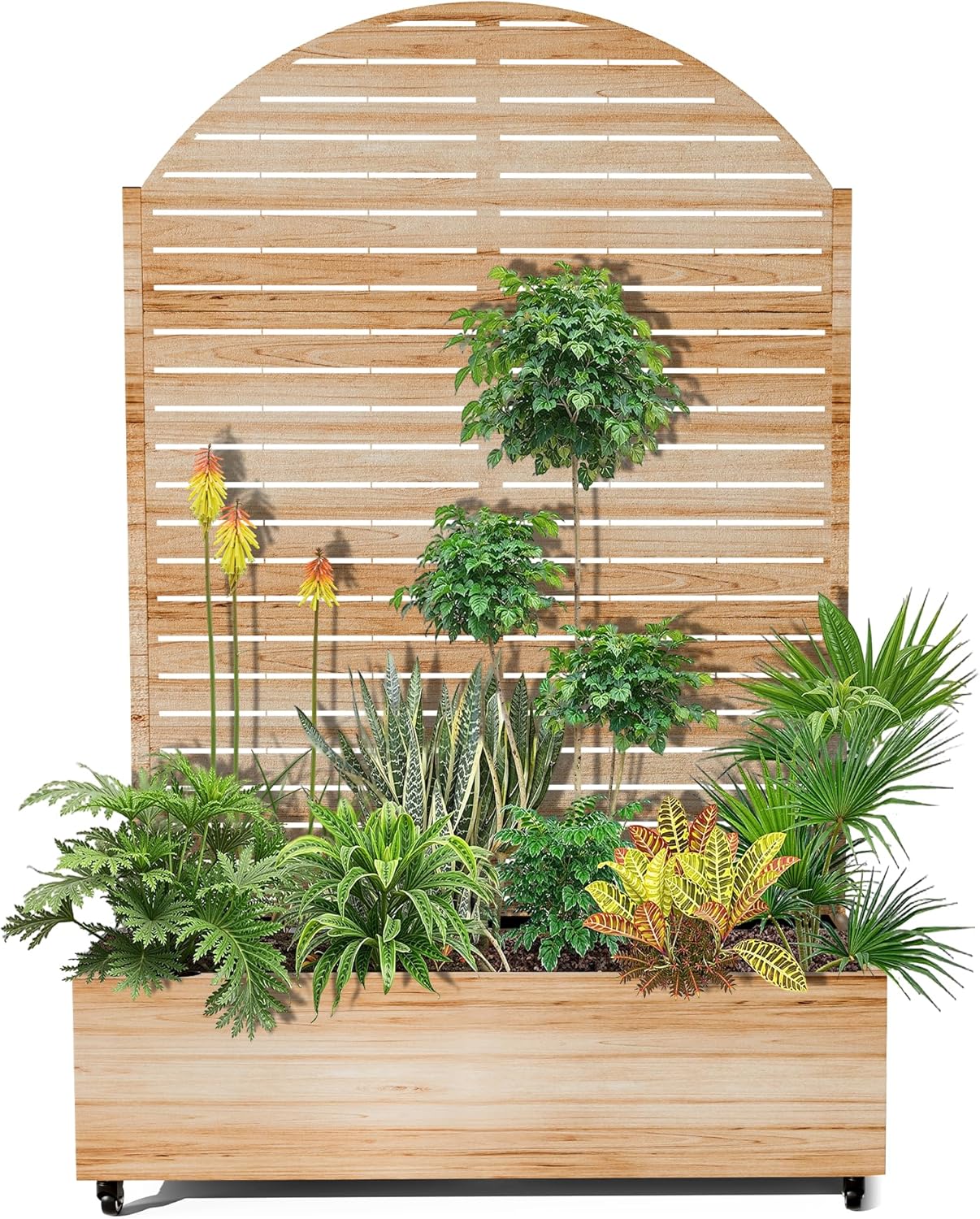 15.7"×70.9"×47.2" Metal Raised Garden Bed with Trellis and Wheels - Tall Trellis Planter Box for Climbing Plants, Vegetables & Vines - Outdoor Privacy Planters for Patio (Acacia Wood Grain-Louvered)