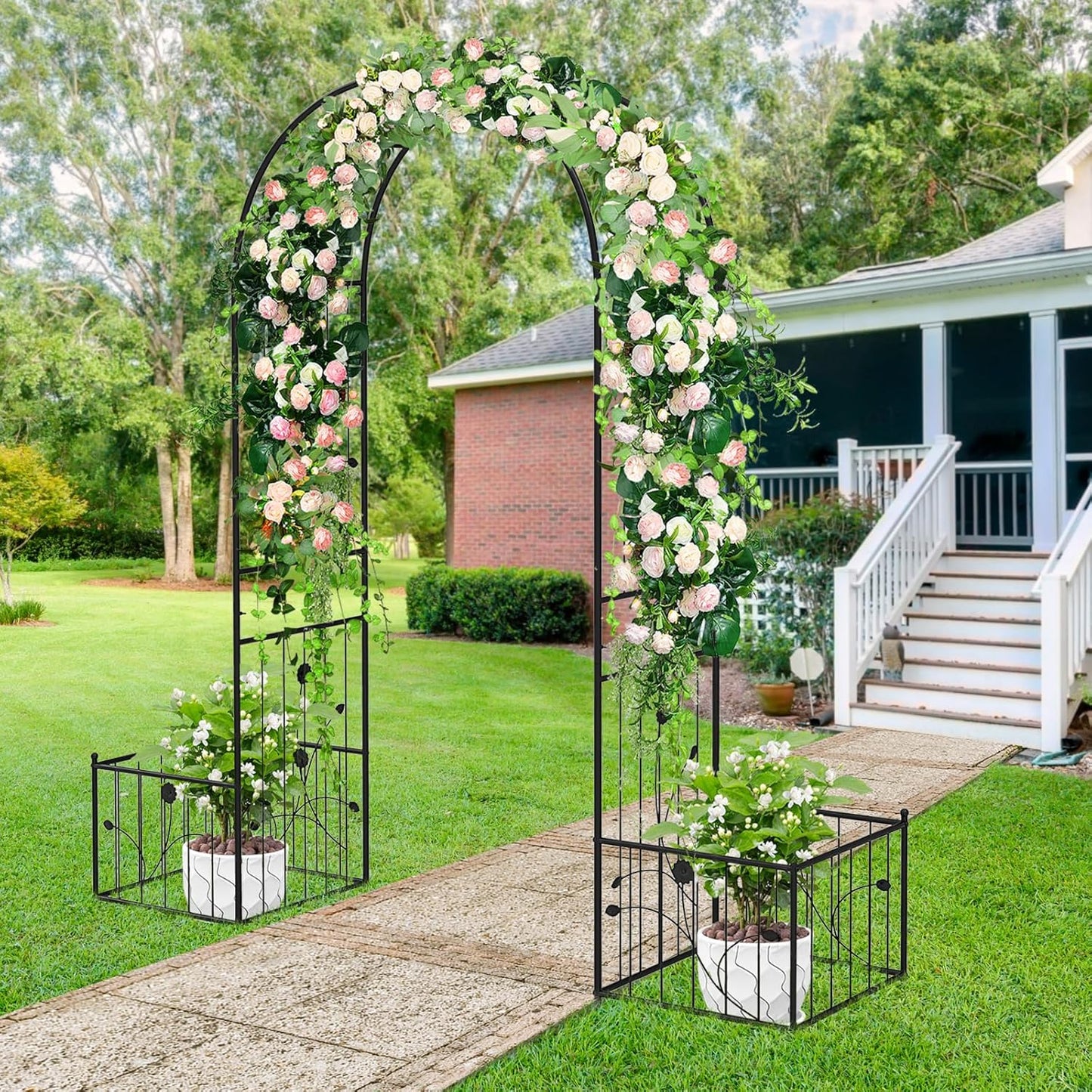 Happygrill Garden Arbor, 86" Metal Archway Pergola w/2 Side Planters, 8 Ground Stakes, Sturdy Metal Frame, Outdoor Arch Trellis for Climbing Plants, Wedding Ceremony, Garden Decoration