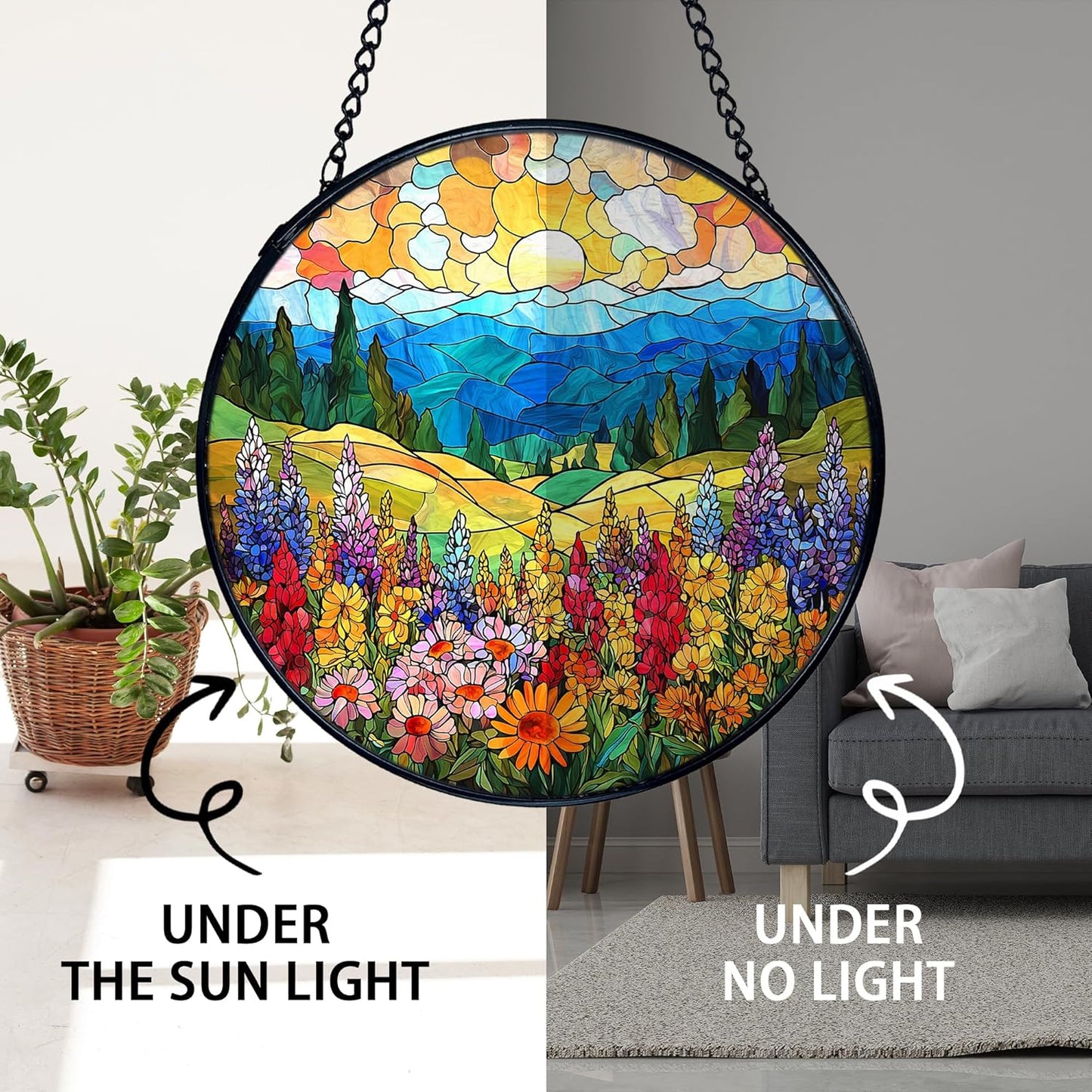 TNUW Flower Stained Glass Window Hanging, Cottagecore Sunset Colorful Wildflower Landscape Sun Catchers Indoor Window Glass Round Wall Art Decor, Floral Wall Hanging Decorations, 7.9＂x7.9＂