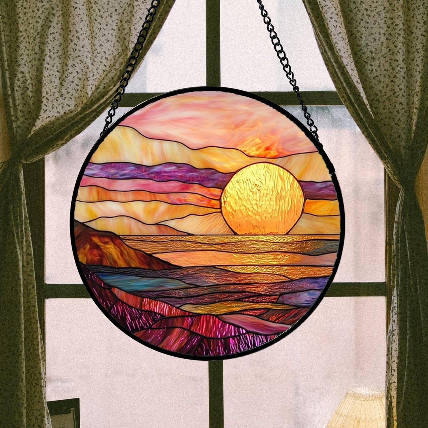 Stained Glass Window Hanging, Sparkling Sea Suncatcher Diamond Glass Panel Hangings Scenery Sun Catchers Decor for Birthday for Women, Men, Wife, Aunt, and Mom 11.8 in