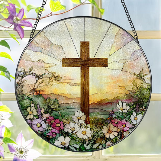 8 Inch Stained Glass Cross & Wildflowers Suncatcher Christian Hanging Ornament Gift for Religious