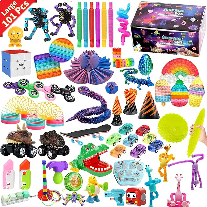 101-Piece Fidget Toy Variety Pack for Kids - Sensory Toys Bulk Set with Stress Balls, Pop Tubes, Squishies & More - Classroom Prizes, Party Favors, and Gifts for Boys & Girls