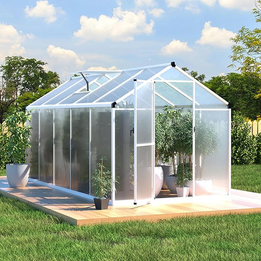 BlueWish 6x10 FT Greenhouses for Outdoors, Cedar Green House with 4-Layers Polycarbonate Panel, Greenhouse Kit with Adjustable Vent & Lockable Door, Walk-in Greenhouse for Outside, Garden, White