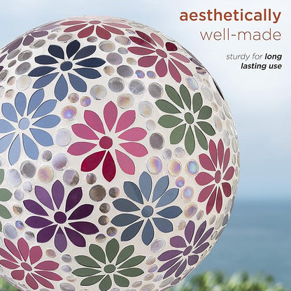 Alpine Corporation 10" Diameter Indoor/Outdoor Glass Mosaic Gazing Globe Yard Decoration, Colorful Daisy Design