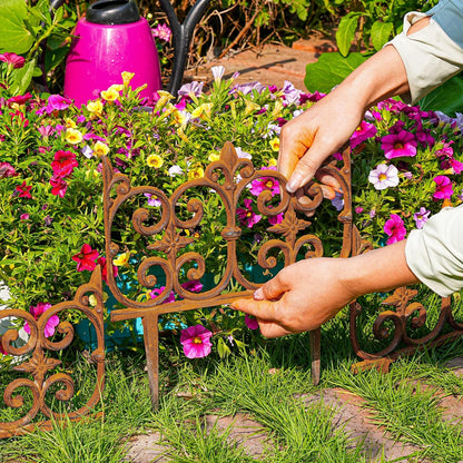 Sungmor Decorative Cast Iron Garden Edging, 4 Pack Full Rusted Victorian Garden Edging Landscape Border, Vintage Metal Yard Stake Low Picket Fence, 10.6" Tall Outdoor Flower Bed Lawn Fence Panels
