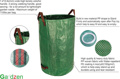Gardzen 3-Pack 32 Gallon Yard Waste Bags, Reusable Heavy Duty Collapsible Garden Leaf Bags with Plastic Ring, Stand-Up Yard Waste Bin for Leaves, Lawn Debris & Grass Clippings