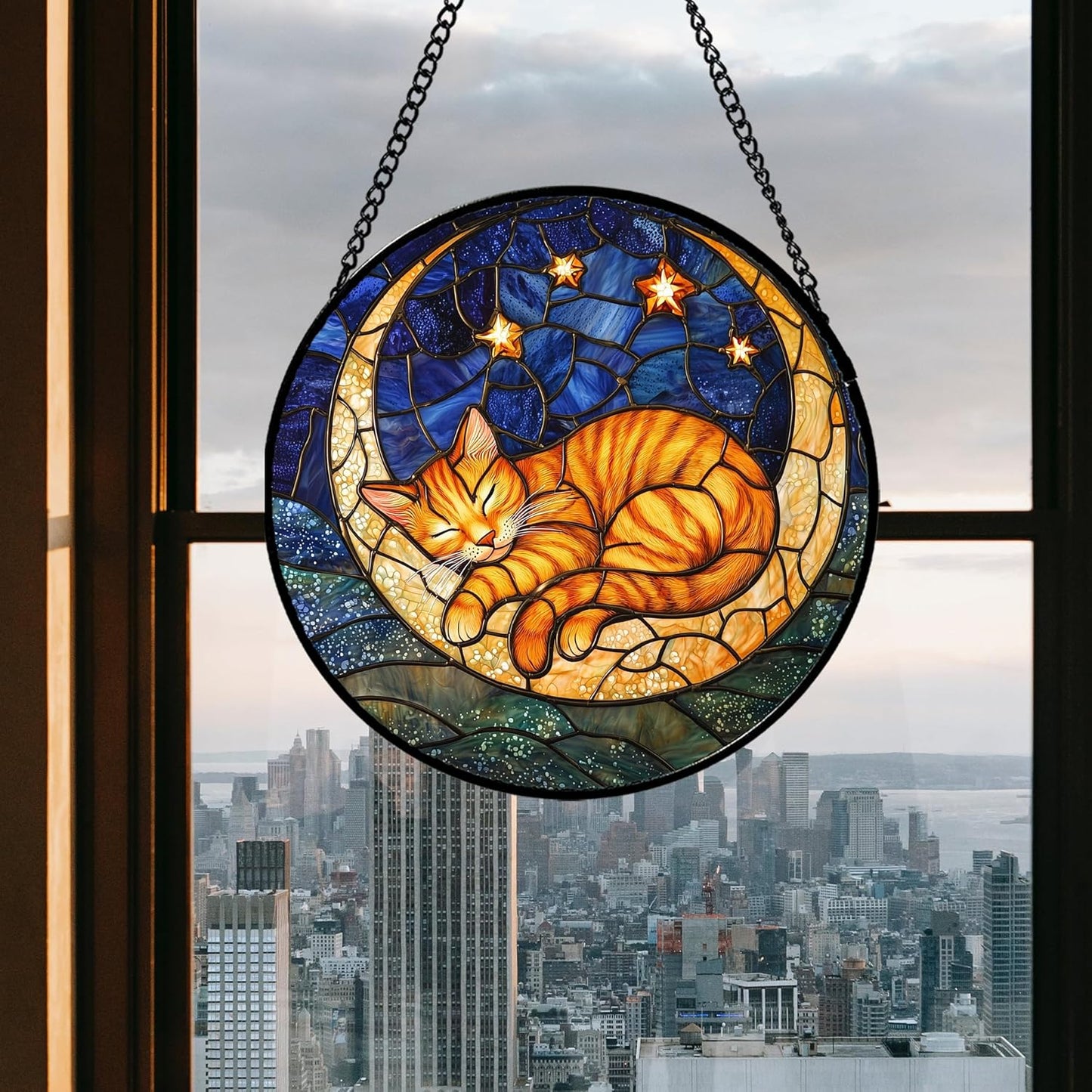 Stained Glass Window Hanging - Orange Moon Sleeping Cat Sun Catcher for Door Home Decor Blue Starry Sky Suncatcher Christmas Mother's Day Birthday Gifts for Women Men Mom Nana 11.8 in