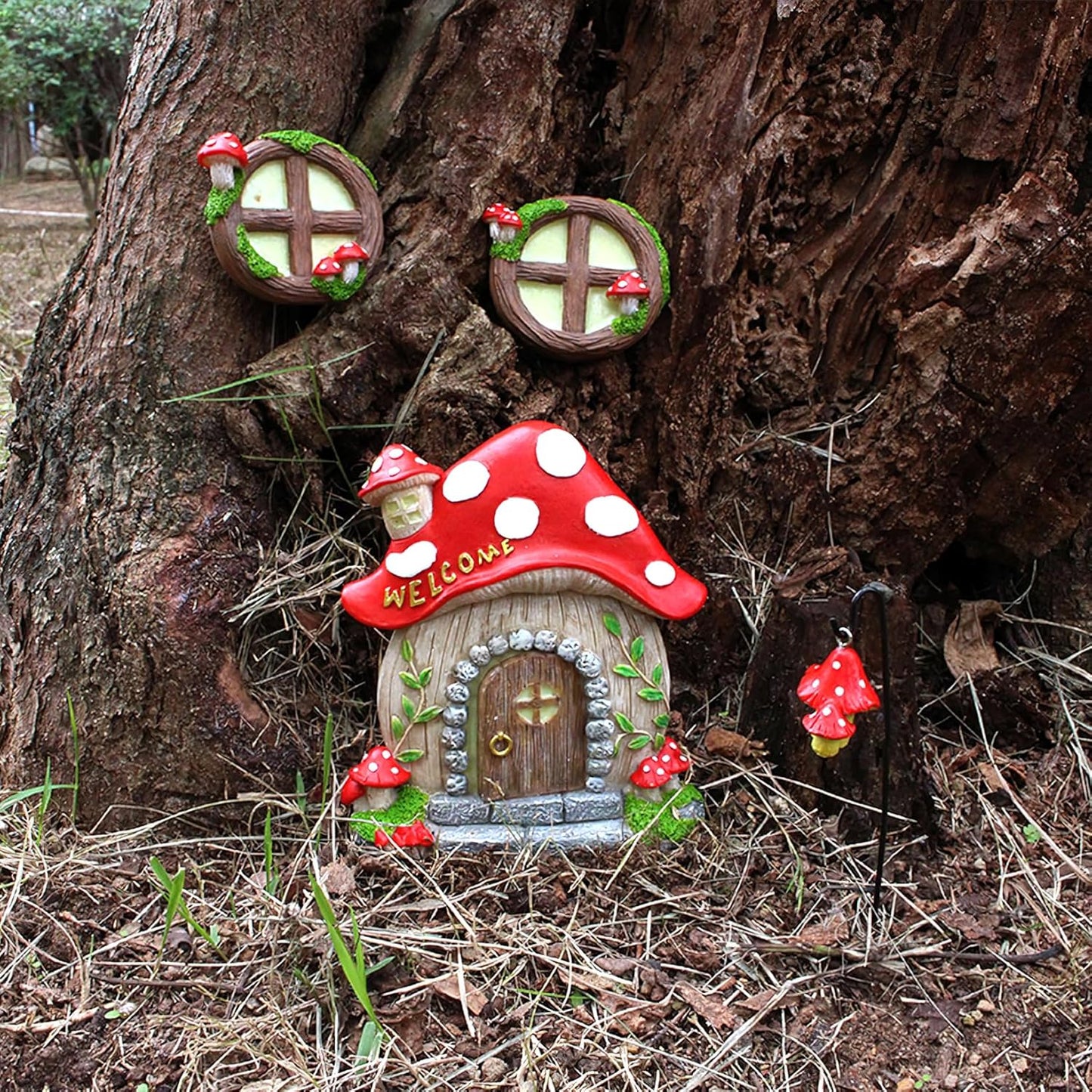 Fairy Door and Windows Garden Kit Accessories Outdoor, Glow in Dark Gnome House for Tree, Lawn Yard Art Sculpture, Miniature Garden Decor (Mushroom)