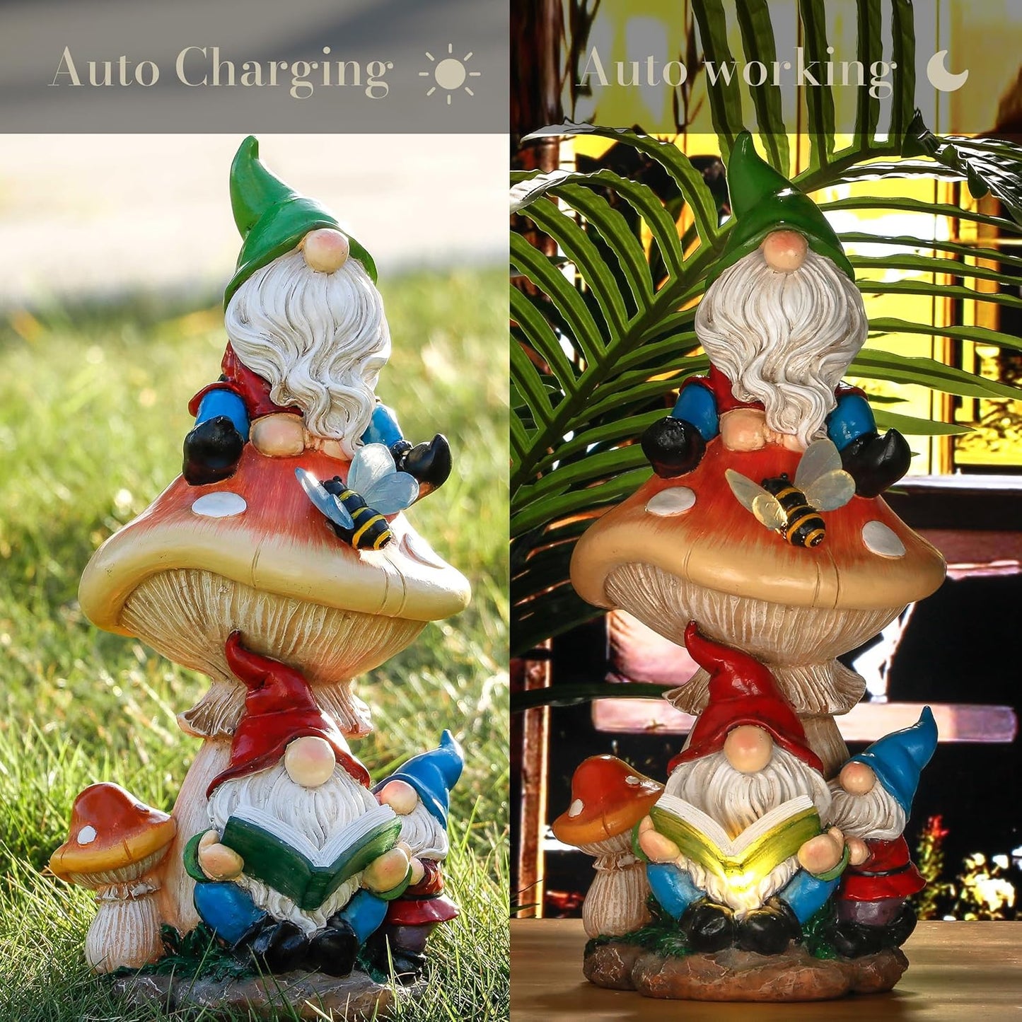 TERESA'S COLLECTIONS Garden Gnomes Statues Decorations for Yard with Solar Lights, Resin Gnome on Mushroom Reading Garden Decor Outdoor for Patio Lawn Ornaments,Ideal Gifts for Dad and Mom, 12.6"