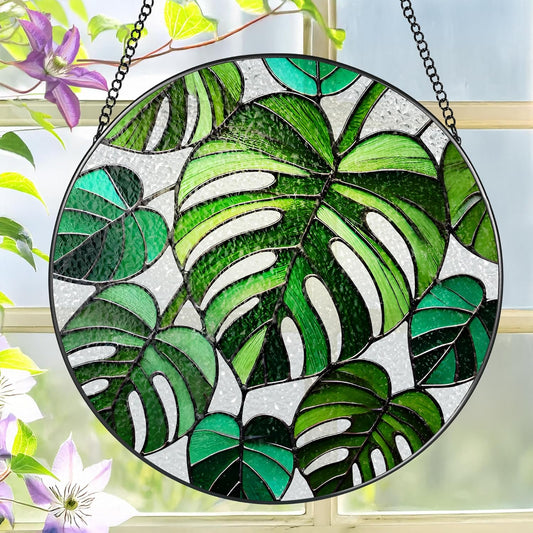 Stained Glass Window Hanging, 8 Inch Monstera Plant Stained Glass Suncatcher, Plant Sun Catcher