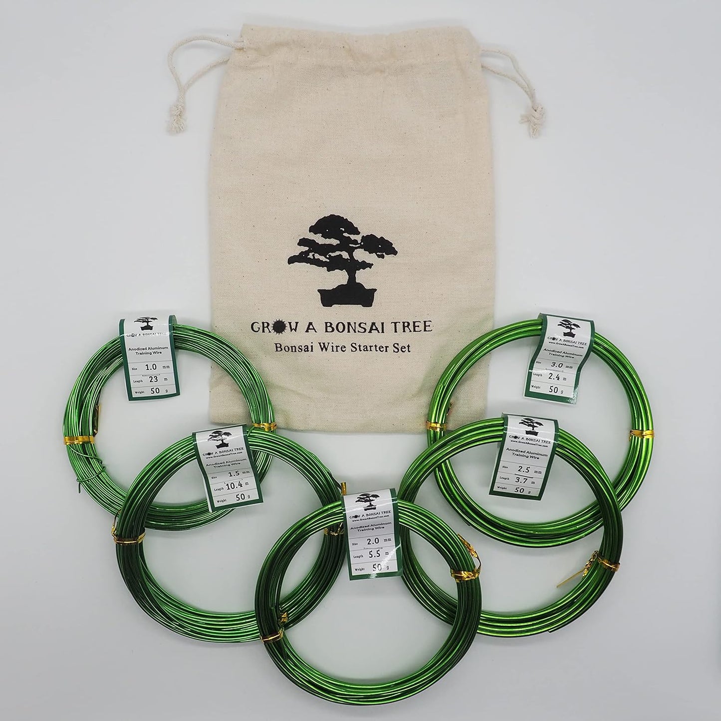Aluminum Floral/Plant/Bonsai Tree Wire 5-Size Starter Set with Canvas Bag - 1.0mm, 1.5mm, 2.0mm, 2.5mm, 3.0mm (147 feet Total) - Choose Your Color (5 Sizes, Green)