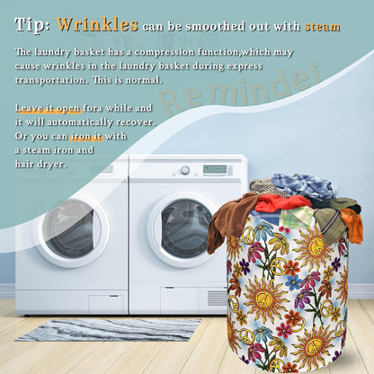 Colorful Hippie Peace Flowers Laundry Basket Foldable With Handles Tote Bag Oxford Cloth Funny Laundry Hamper Clothes Storage Bucket Toy Organizer For Bathroom/Laundry/Bedroom 18.9"x16.5 "