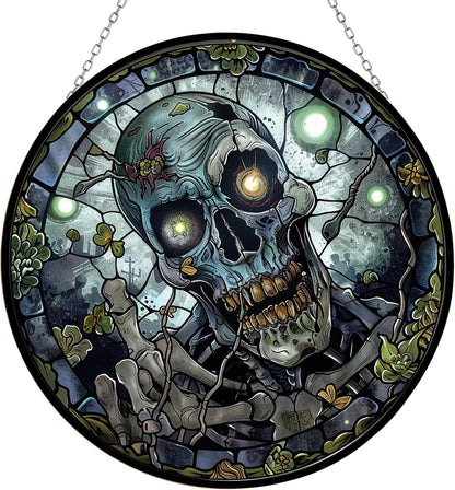 Skull Stained Glass Suncatcher Window Hanging, Gothic Dragon Christmas Ornaments for Fiction Lovers, Dinosaur Room Decor for Nursery New Home Gifts
