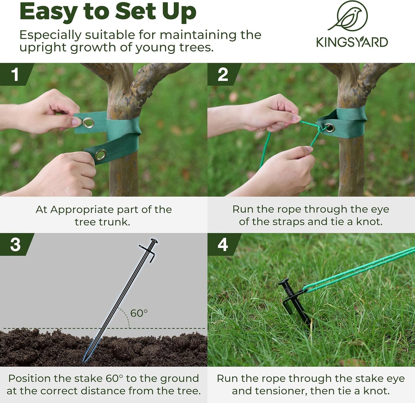 Kingsyard Heavy Duty Tree Stake Kit, 3 Pcs 12 Inch Steel Tree Stakes and Supports for Leaning Young Trees Straightening Kit Against Bad Weather, with 6Pcs Straps & 6Pcs 13ft Anchor Ropes