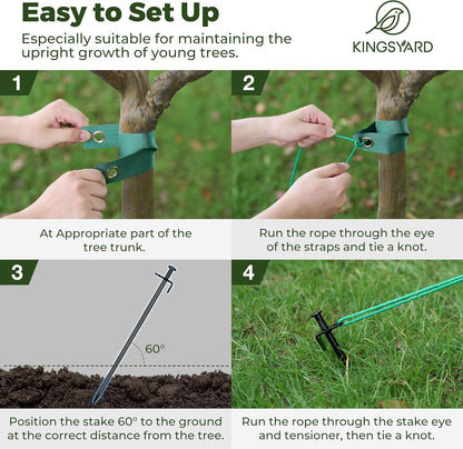 Kingsyard Tree Stakes and Supports, 16 Inch 3 Pcs Steel Heavy Duty Tree Stake Kit for Leaning Young Trees Straightening Kit Against Bad Weather, with 6Pcs Straps & 6Pcs 13ft Anchor Ropes