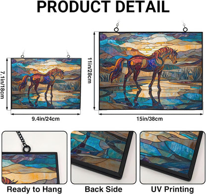 Rectangle Art Nouveau Wild Horse Oasis Stained Glass Window Hanging Customized Suncatcher Glass Panel with Metal Chain Sun Catchers Wall Art Home Decor Gift for Women Mothers Day