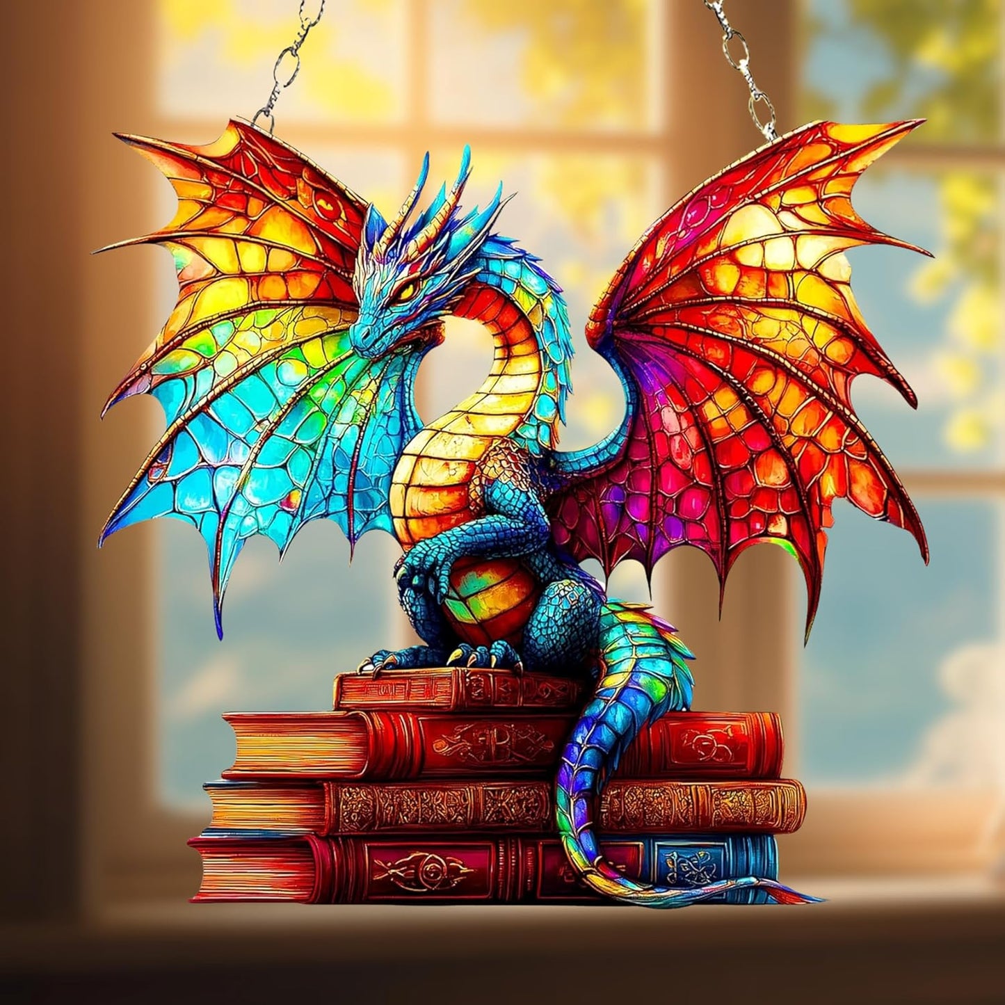 Book Dragon Acrylic Suncatcher Stained Glass Effect Window Car Hanging Christmas Ornament Indoor Outdoor Decor Garden Bookish Sun Catcher Panel for Books Lover for Women Mom Grandma
