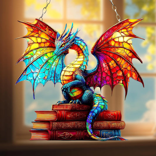 Book Dragon Acrylic Suncatcher Stained Glass Effect Window Car Hanging Christmas Ornament Indoor