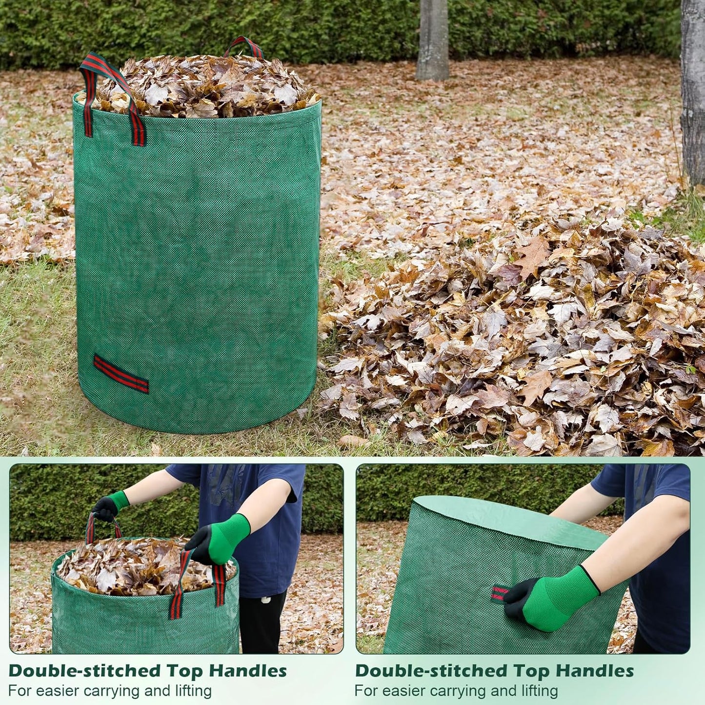 106 Gallons Lawn and Leaf Bags,Reusable Yard Waste Bags with Gardening Gloves,Heavy Duty Garden Bags with 4 Handles for Lawn Care, Camping & Recycling(3 Pack）