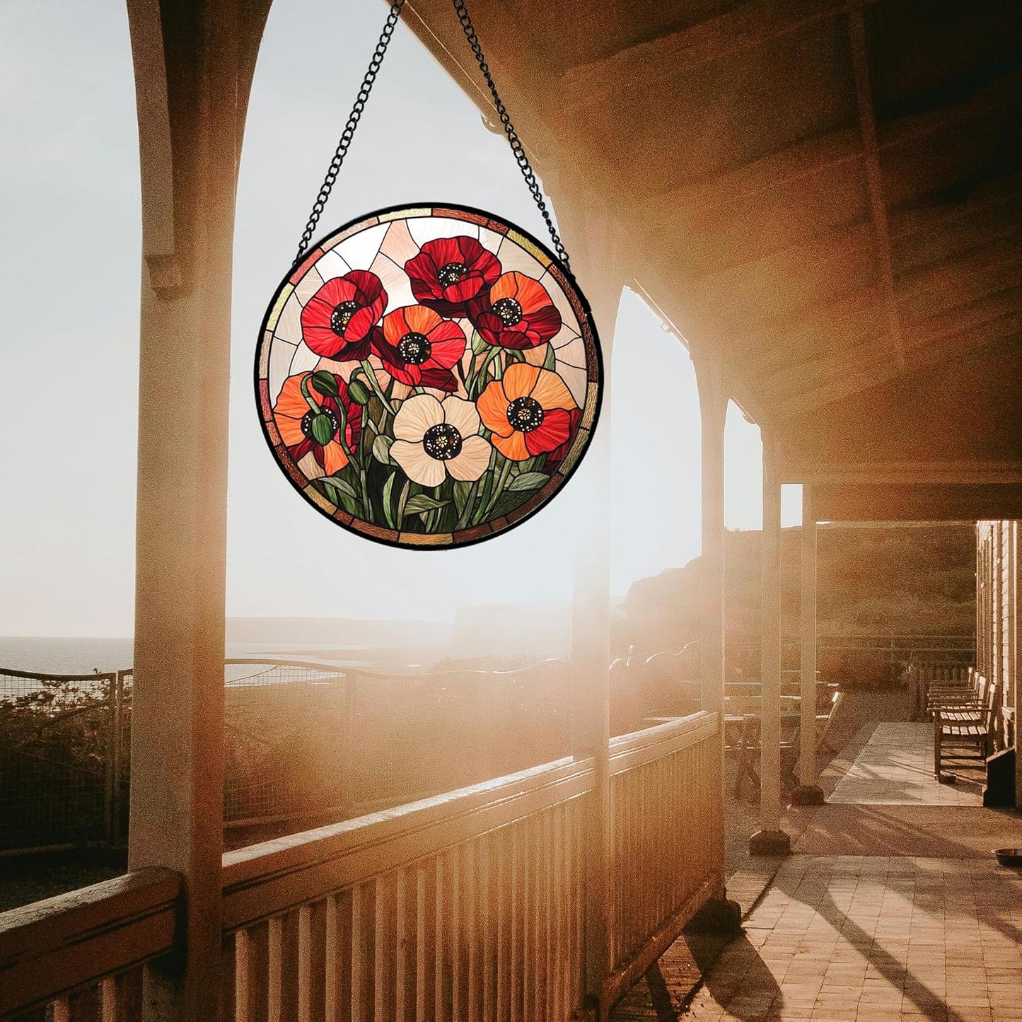 Stained Glass Window Hanging - Orange Red Poppy Flowers Suncatcher for Door Garden Yard Sun Catchers Decor Christmas Mother's Day Birthday Gifts for Women Mom Nana Friend Men 6.3 in
