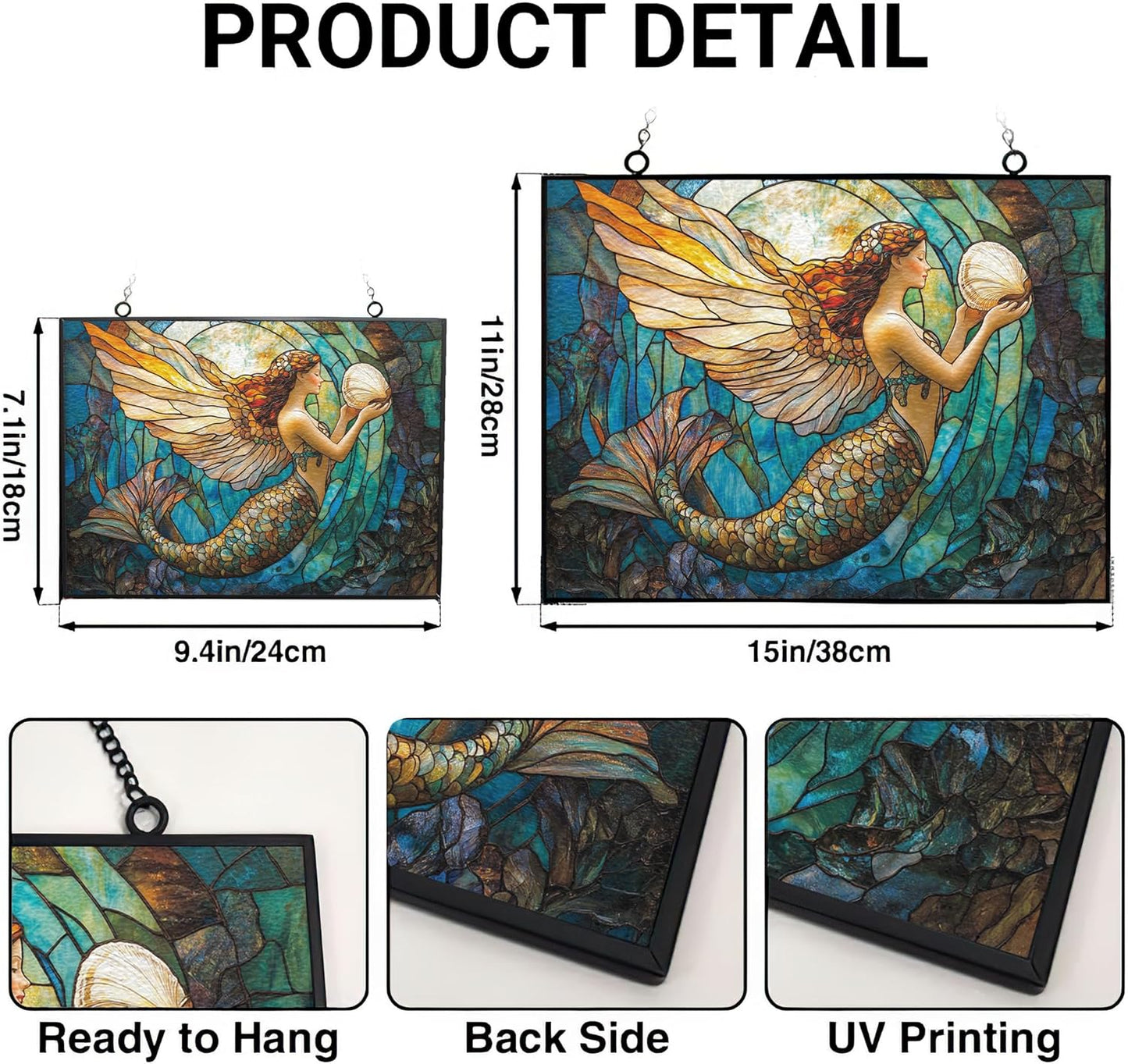Customized Rectangle Art Nouveau Coral Mermaid Stained Glass Window Hanging, Suncatcher for Women, Stained Glass Window Decor Perfect Home Décor