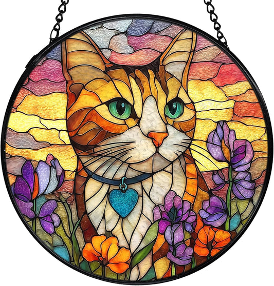 Cat Flower Suncatcher Stained Glass Window Hanging, Orange Cat Sun Catchers Indoor Window Glass