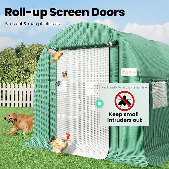 KING BIRD Premium 15x6.6x6.6FT Greenhouse for Outdoors, Large Walk-in Upgraded Galvanized Metal Frame, Mesh Door Screen Window Improved Zipper Tunnel Hoop for Garden Plant Winter, 2 Stiffeners, Green