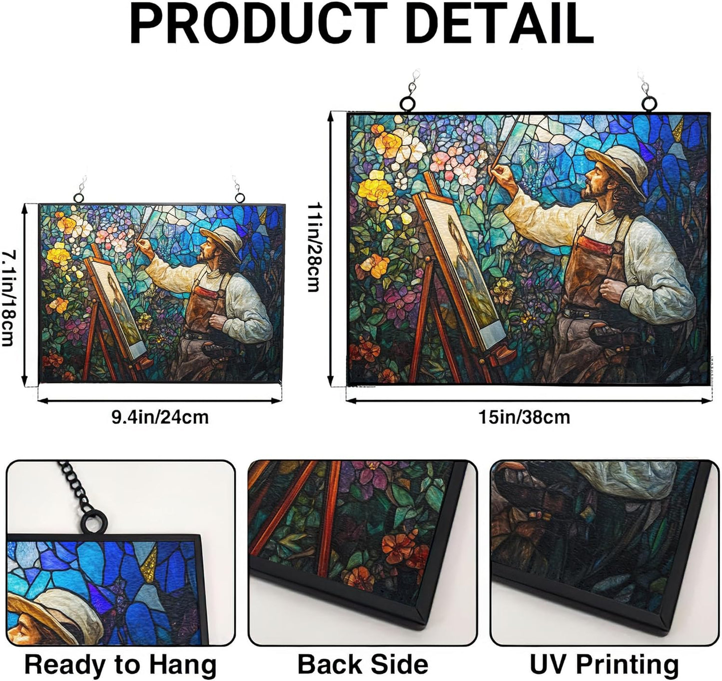 Customized Rectangle Art Nouveau Blooming Painter Stained Glass Window Hangings, Handcrafted Stained Glass Suncatchers, Gift for Cat Lovers Nature Lovers 15"x11"