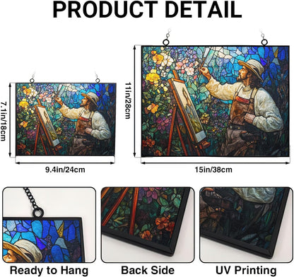 Customized Rectangle Art Nouveau Blooming Painter Stained Glass Window Hangings, Handcrafted Stained Glass Suncatchers, Gift for Cat Lovers Nature Lovers 15"x11"