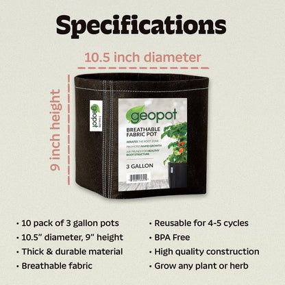 GeoPot 3 Gallon Fabric Grow Bags for Vegetables, Houseplants, Herbs & Flowers | 10-Pack | Fabric Pots for Outdoors and Indoors, Aerated Fabric Grow Bags