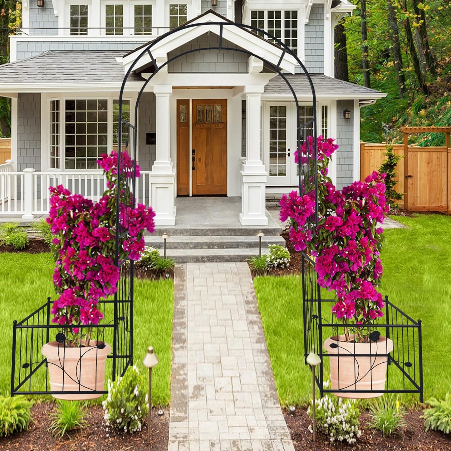 Metal Garden Arch with 2 Plant Stands, Garden Arch Trellis for Climbing Plants Outdoor, Garden Arbor for Weddings Party Events Decoration, 79.5" L X 19.7" W X 86.6" H, Black