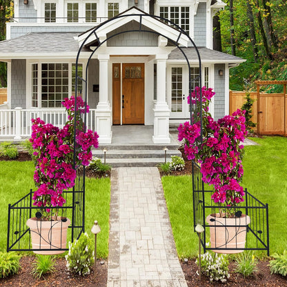 Metal Garden Arch with 2 Plant Stands, Garden Arch Trellis for Climbing Plants Outdoor, Garden Arbor for Weddings Party Events Decoration, 79.5" L X 19.7" W X 86.6" H, Black
