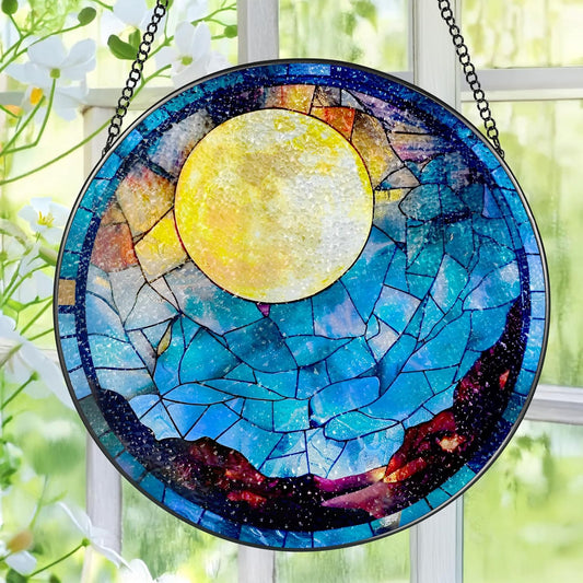 Stained Glass Window Hanging - 8 Inch Full Moon Suncatcher for Window Doors Home Decoration