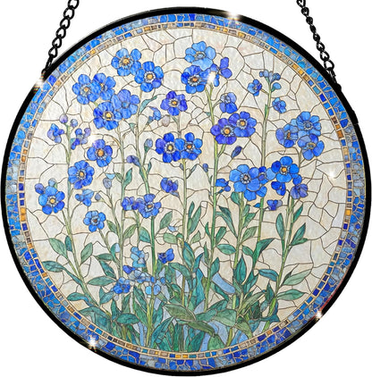 Forget-me-not Flower Stained Glass Sun Catcher - Handmade 7.87 Inch Blue Glass Decorative Stained Glass Window Hanging Decoration for Plant Lovers, Forget-me-not Gift for Friends, Family, Classmates