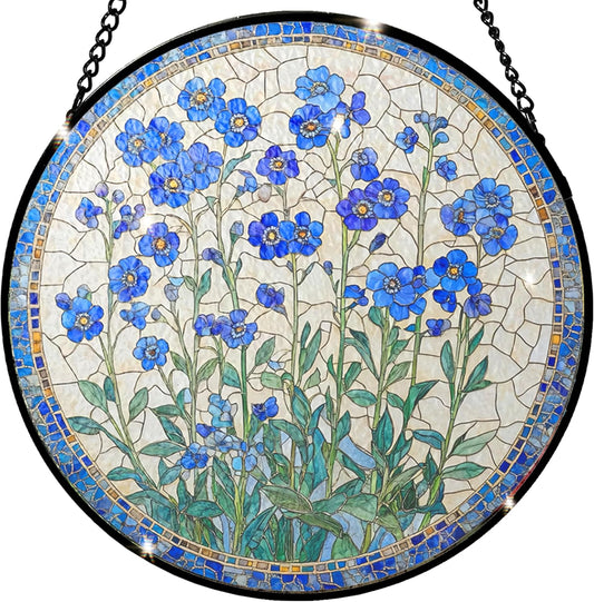 Forget-me-not Flower Stained Glass Sun Catcher - Handmade 7.87 Inch Blue Glass Decorative Stained