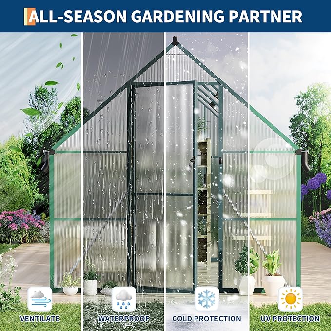 8'X10' Aluminum-Framed Polycarbonate Greenhouse, Heavy Duty Polycarbonate Greenhouse with Quick Setup Structure and Roof Vent, Large Enhanced Aluminum Greenhouses Kit for Outdoors
