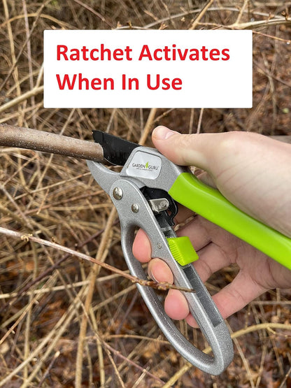 Garden Guru Ratchet Hand Pruning Shears - Professional Garden Clippers with Ergonomic Grip - Makes Tough Cuts Easy (2 Pack)