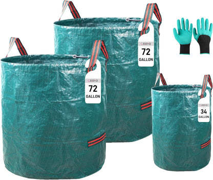 2x72Gallons+1x34Gallons (Free Gloves) Garden Leaf Bags,Reusable Heavy Duty Yard Waste Bag Set,Standable Design and Reinforced 4 Handles for Leaf,Grass,Debris,Camping Trash