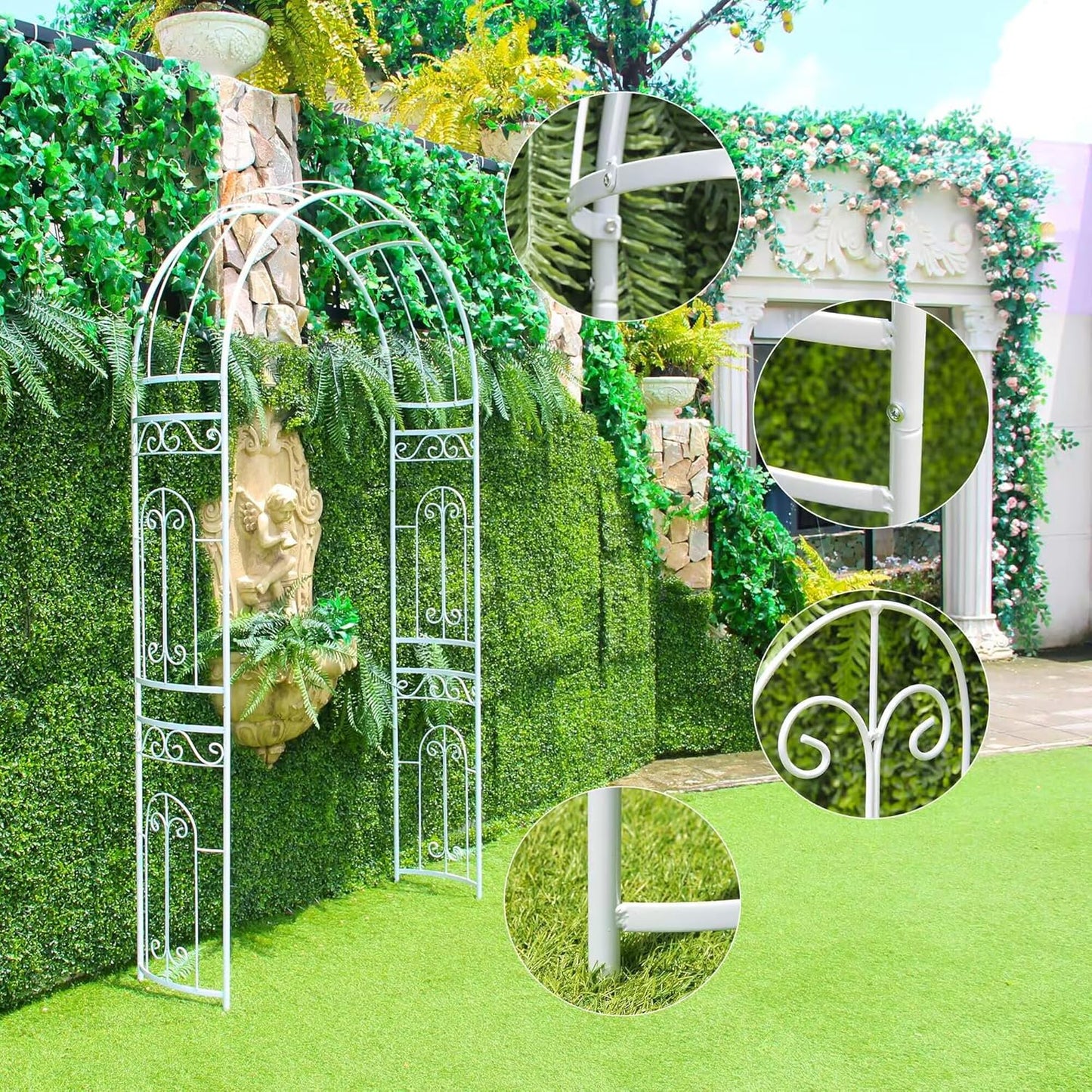 White Wedding Arch Garden Arbor Curved Metal Archway with Elegant Curve for Climbing Plants Roses Vines Garden Lawn Backyard Patio Wedding Outdoor Ceremony