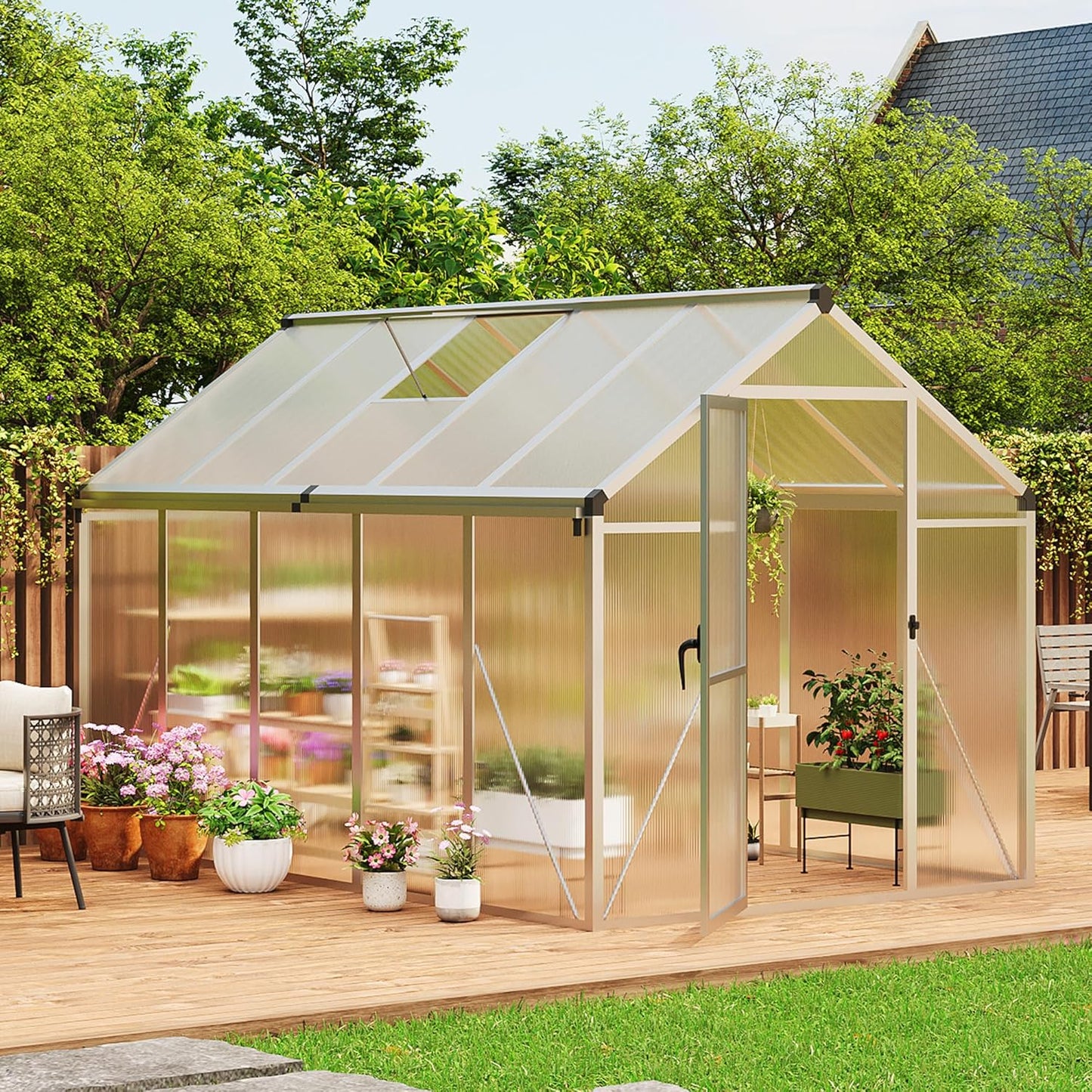 6 x 10 ft Greenhouse, Greenhouses for Outside, Polycarbonate Greenhouse with Aluminum Frame, Lockable Door and Ajustable Roof Vent for Backyard, Green Houses for Outside Garden Backyard, Patio